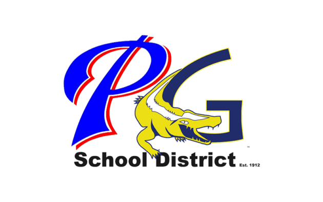 Logo of PG School District featuring a stylized blue and red "P" and "G" with a yellow alligator in between. Established 1912.