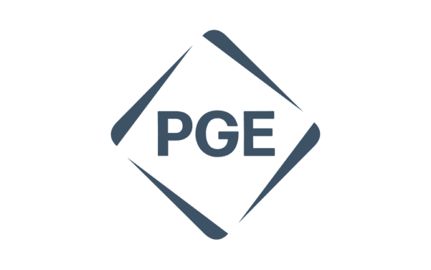 Logo featuring the letters "PGE" centered within a geometric diamond shape, with four dark triangular accents on the corners.