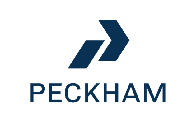 Blue logo featuring two geometric arrows pointing right above the word "PECKHAM" in capital letters.