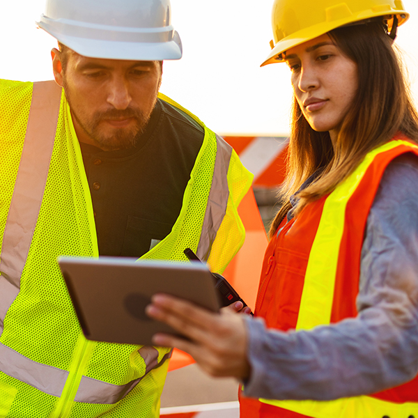 Two construction workers in safety gear look at a tablet, discussing, with an orange warning sign in the background.