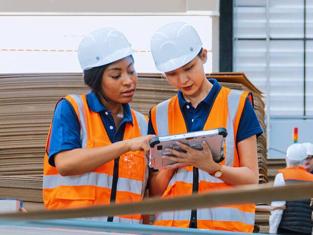 Two workers in a warehouse wearing hard hats and safety vests, looking at a tablet.