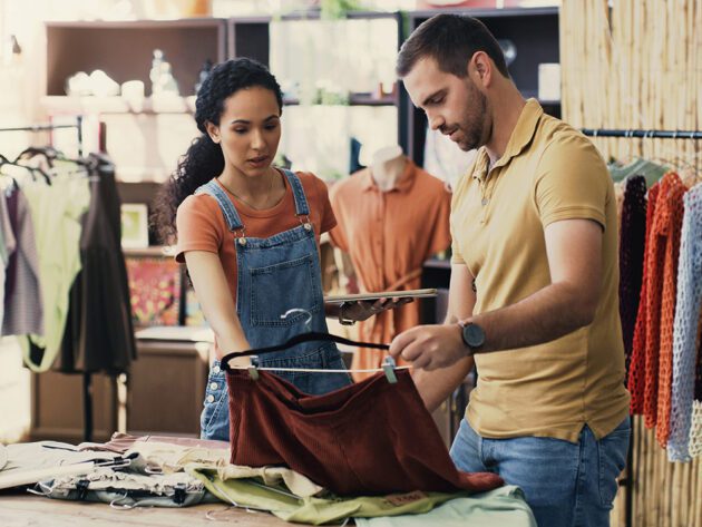 Two people examine clothes in a store, surrounded by various garments on racks and tables.