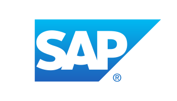 Logo of SAP with white letters on a blue and black background.