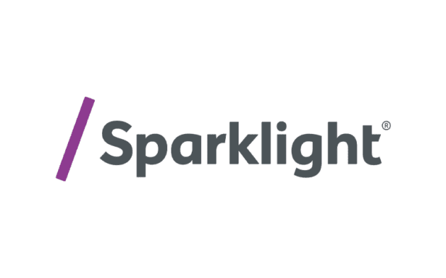 Logo of Sparklight with a purple diagonal line and text in gray.