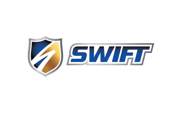 Logo with a shield on the left, half gold and half blue with a white swoosh. The word "SWIFT" in bold blue letters is on the right.