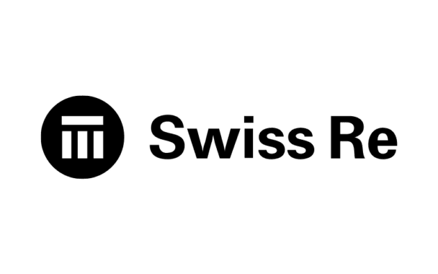 Swiss Re logo with a black circle featuring three white vertical lines on the left and the text "Swiss Re" on the right.