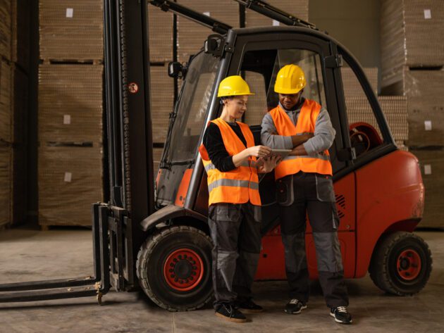 Two workers in orange safety vests and yellow helmets stand by a forklift in a warehouse, reviewing a document together.