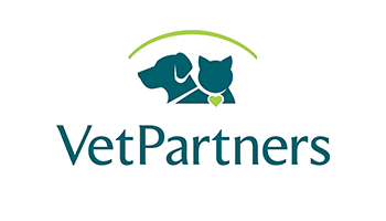 Logo of VetPartners with silhouettes of a dog and a cat under a green arch.