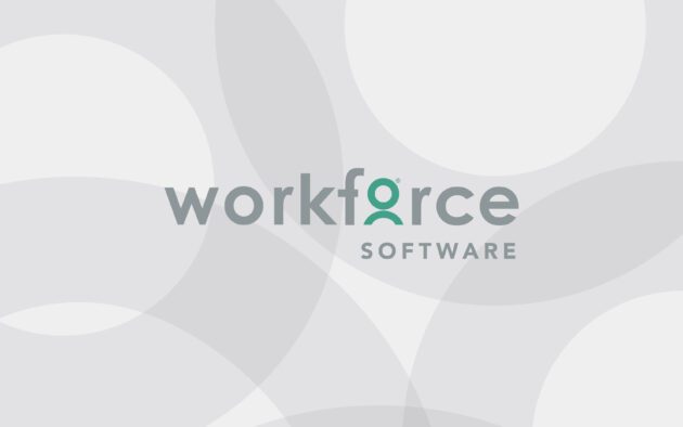 Logo of Workforce Software with gray and green text on a light abstract background.