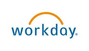 Logo of Workday with blue text and an orange arc above.