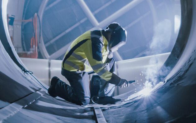 Person wearing safety gear welding inside a large metal structure.