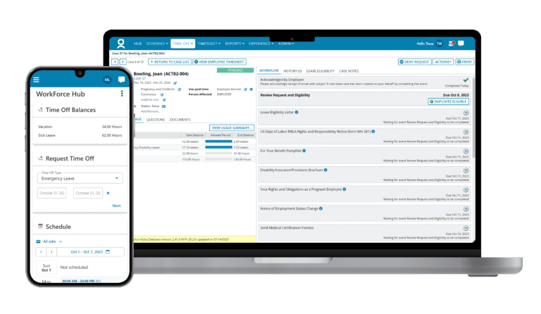 Image of a smartphone and a laptop displaying a workforce management software interface with options for time off requests, scheduling, and user details.