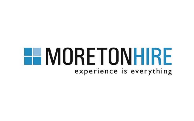 Logo of Moreton Hire with the slogan "experience is everything," featuring blue and black text alongside a blue square grid design.