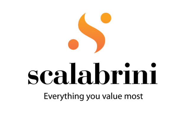 Logo with an orange stylized "S" symbol above the word "Scalabrini" and the tagline "Everything you value most" in black text.