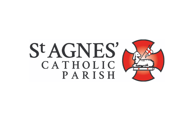 St. Agnes' Catholic Parish logo featuring the parish name and a red cross with a lamb holding a flag.