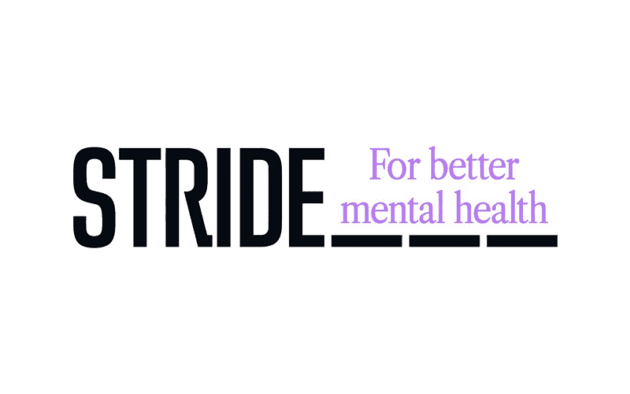 Logo with the word "STRIDE" in bold black, alongside the phrase "For better mental health" in purple.