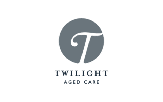 Logo of Twilight Aged Care, featuring a stylized "T" within a circle above the text "TWILIGHT AGED CARE" in bold lettering.