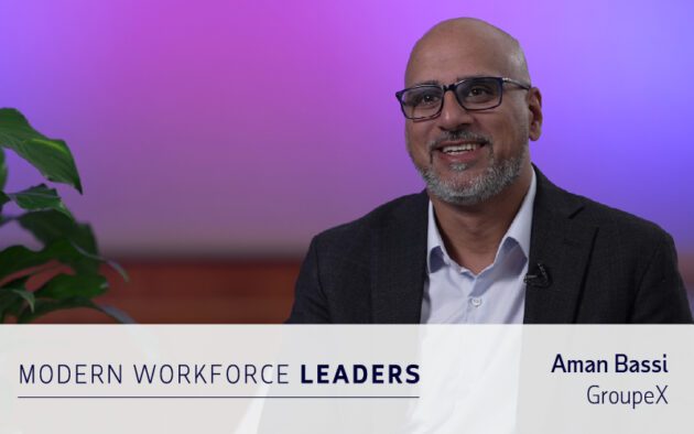 A man in glasses and a suit smiles during an interview. Text overlay reads: "MODERN WORKFORCE LEADERS. Aman Bassi, GroupeX—experts in workforce management software.