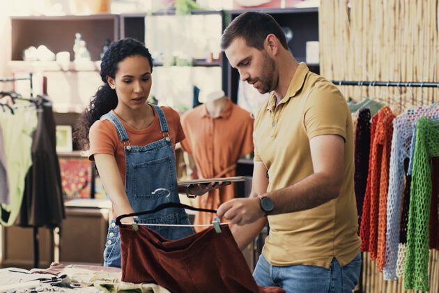 Two people in a clothing store discuss a garment. The woman holds a tablet while the man examines a brown skirt. Clothes hang on racks around them.