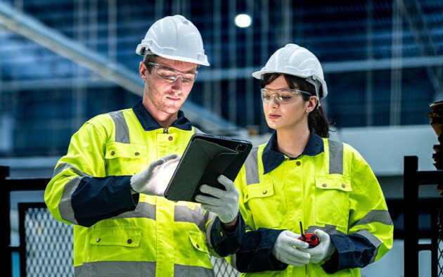 Two workers in high-visibility jackets and hard hats stand in an industrial setting, meticulously examining a tablet. They're likely using workforce management software to streamline their tasks and improve efficiency.