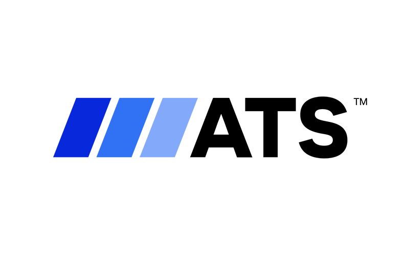 Logo with three blue diagonal bars followed by the black letters "ATS" on a white background.