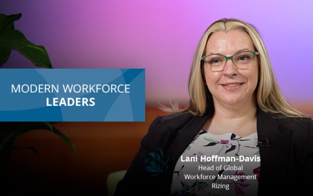 Lani Hoffman-Davis, Head of Global Workforce Management at Rizing, sits and smiles in front of a purple background with the text "Modern Workforce Leaders.