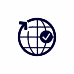 A globe icon with a checkmark and an arrow pointing outward, indicating global approval or worldwide access.