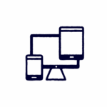 Outline icons of a smartphone, a desktop monitor, and a tablet are shown overlapping, representing multiple digital devices.