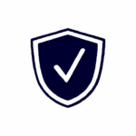 A dark blue outline of a shield with a check mark inside, symbolizing security or protection.