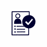 Icon of a document with a user profile and bullet points, next to a large check mark, representing approved or verified information.