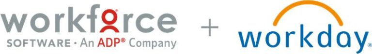 Logos of Workforce Software, an ADP company, and Workday, shown side by side with a plus sign between them.