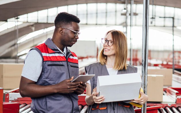 Two warehouse workers wearing safety vests stand together; one holds a tablet while the other holds a box. They appear to be discussing something in an industrial setting.