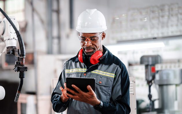 A man wearing safety gear, including a hard hat, safety glasses, and ear protection, uses a tablet in an industrial setting.