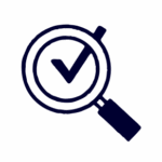 A magnifying glass with a check mark inside, symbolizing verified search or approved inspection.