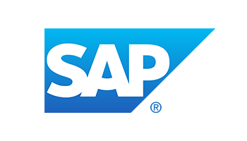 SAP logo featuring bold white "SAP" letters on a blue gradient background with a triangular cut on the right side.