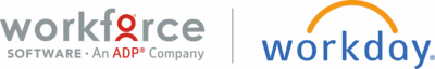 Logos of Workforce Software, an ADP company, on the left, and Workday on the right, separated by a vertical line.
