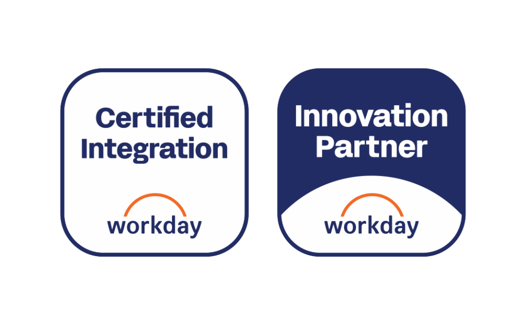 Two badges display the phrases "Certified Integration workday" and "Innovation Partner workday" with the Workday logo and an orange arc.