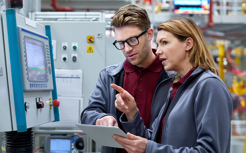 Two people in industrial uniforms review data on a tablet and control panel in a factory setting with machinery in the background.