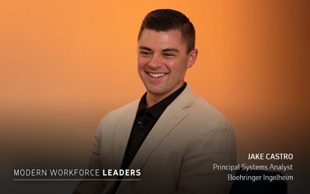 A man in a beige blazer and black shirt is smiling in front of an orange background. Text reads "Jake Castro, Principal Systems Analyst, Boehringer Ingelheim.