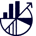 A navy blue graphic combining a bar chart, pie chart, and upward arrow, representing data analysis and growth on a white background.
