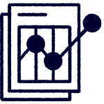Icon showing two stacked sheets of paper with a line graph containing two data points, representing data analysis or reporting.