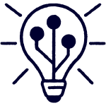 A simple drawing of a light bulb with circuit lines inside, symbolizing technology and innovation, with short lines around it representing light.