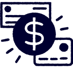Icon showing a large dollar sign in a circle, with overlapping credit cards or checks in the background.