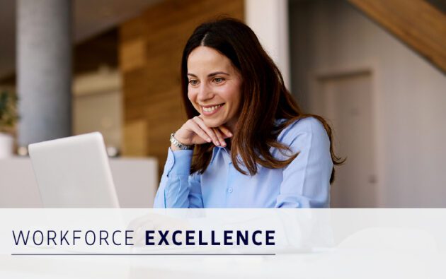 A woman in a blue shirt smiles while working on a laptop, with the words "Workforce Management Excellence" displayed across the image.