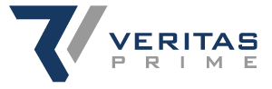 Veritas Prime logo featuring a stylized "V" shape in blue and gray, with the words "Veritas Prime" in blue uppercase letters.
