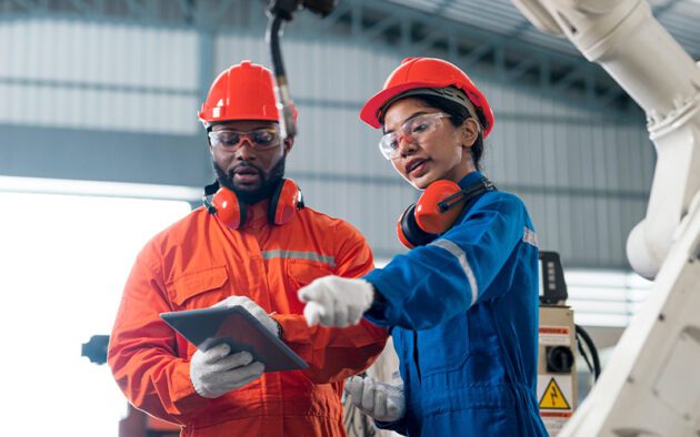 Two engineers in safety gear discuss information on a tablet while standing near industrial equipment in a factory setting.