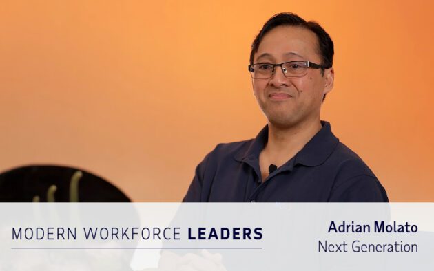 A man wearing glasses and a navy shirt smiles at the camera. Text on the image reads: "Workforce Management Leaders. Adrian Molato. Next Generation.