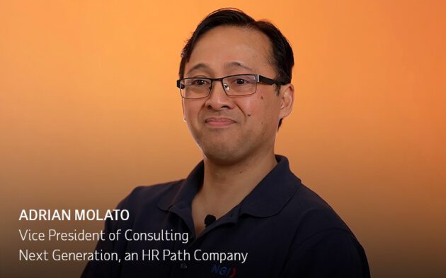 A man with glasses and dark hair, wearing a navy shirt, sits in front of an orange background. Text on the image identifies him as Adrian Molato, VP of Consulting at Next Generation, HR Path.