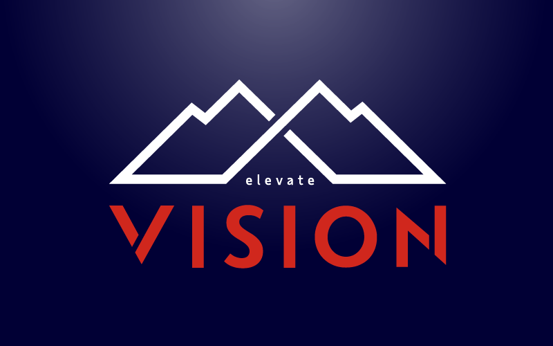 Logo with two white mountain outlines above the word "VISION" in bold red letters and the word "elevate" in small white text, set against a dark blue background.
