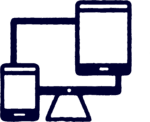Icon-style illustration of a smartphone, desktop monitor, and tablet, representing multiple digital devices.